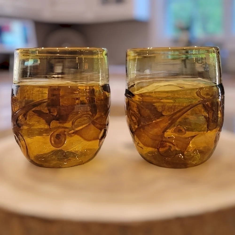 Federick Warren Signed Vintage Amber Handblown Art Glass Swirl Tumblers 1987